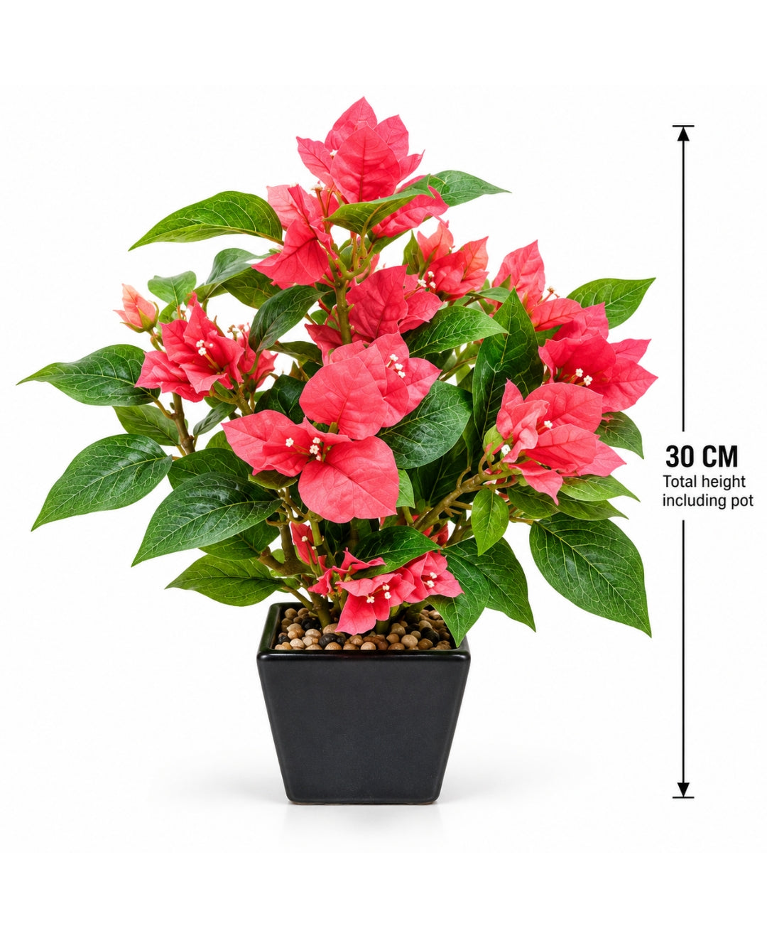 Artificial Bougainvillea Flower Pot - Red in Glossy Black Square Ceramic Pots