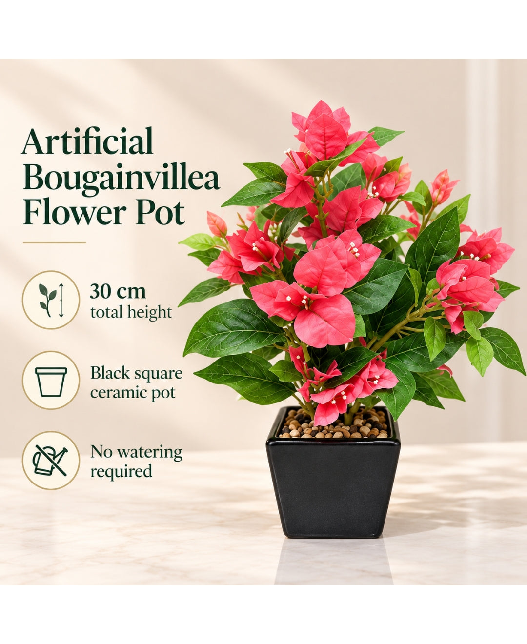 Artificial Bougainvillea Flower Pot - Red in Glossy Black Square Ceramic Pots