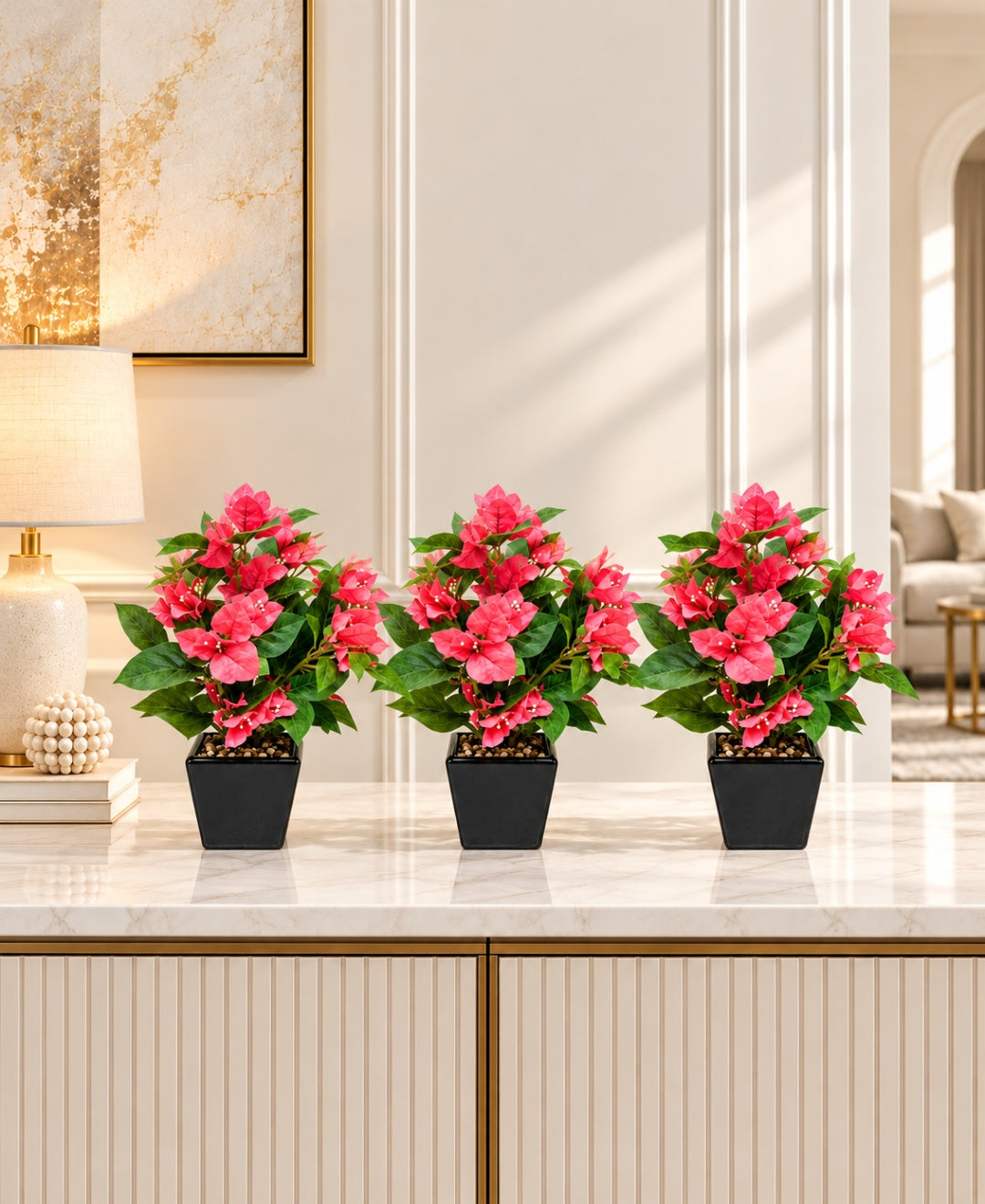 Artificial Bougainvillea Flower Pot - Red in Glossy Black Square Ceramic Pots