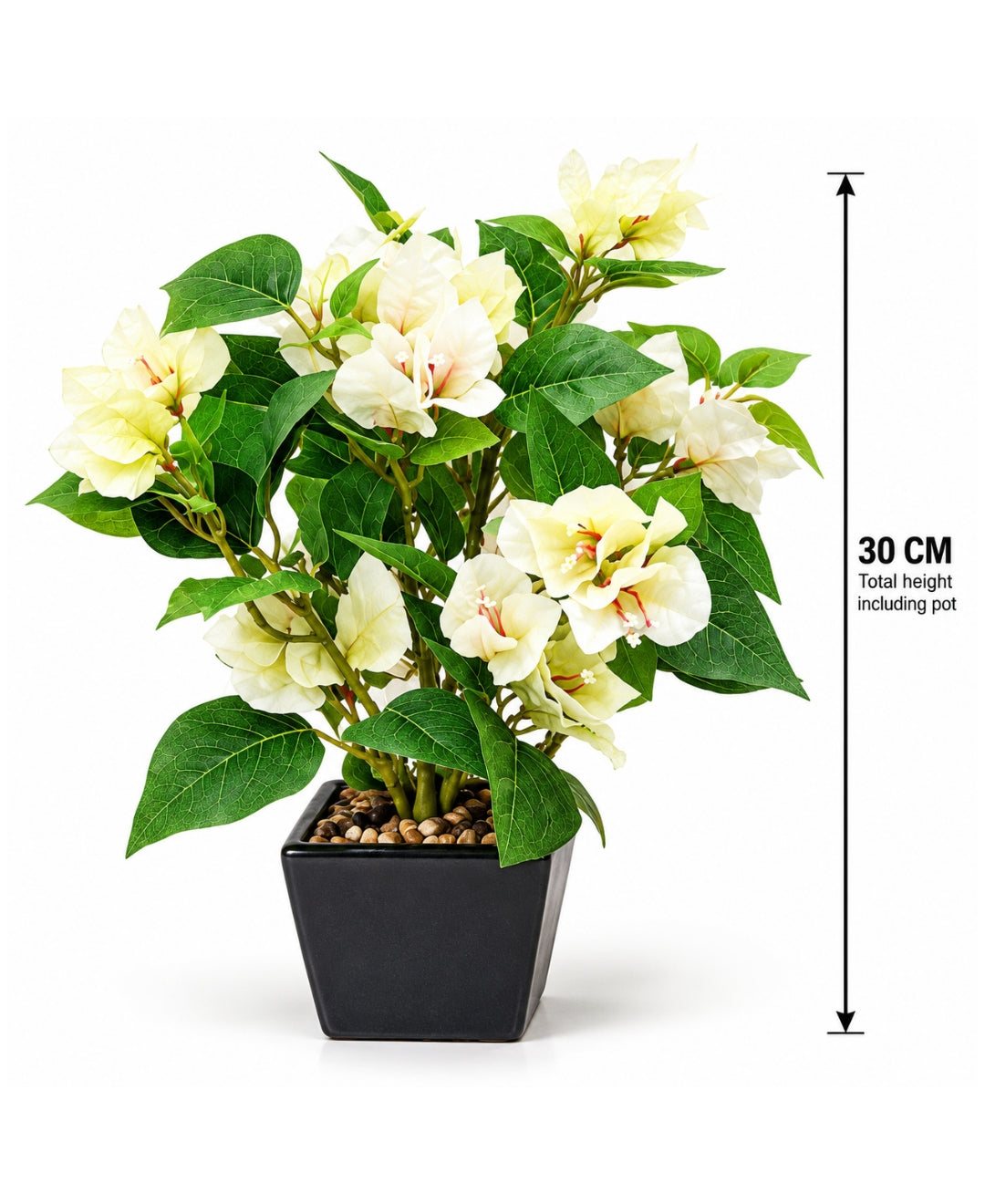 Artificial Bougainvillea Flower Pot - White in Glossy Black Square Ceramic Pots