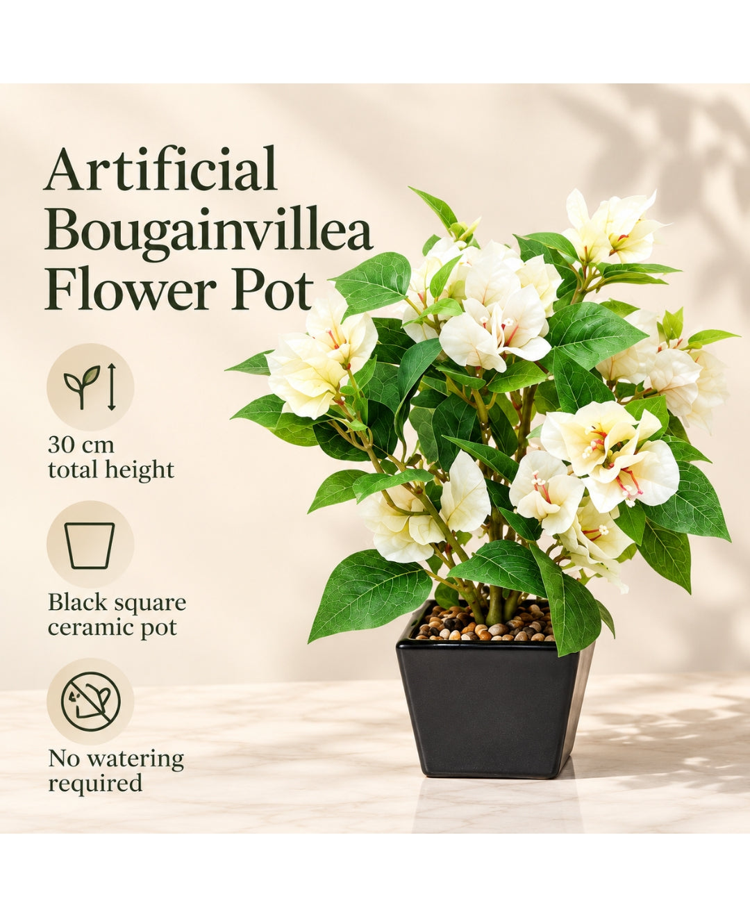 Artificial Bougainvillea Flower Pot - White in Glossy Black Square Ceramic Pots