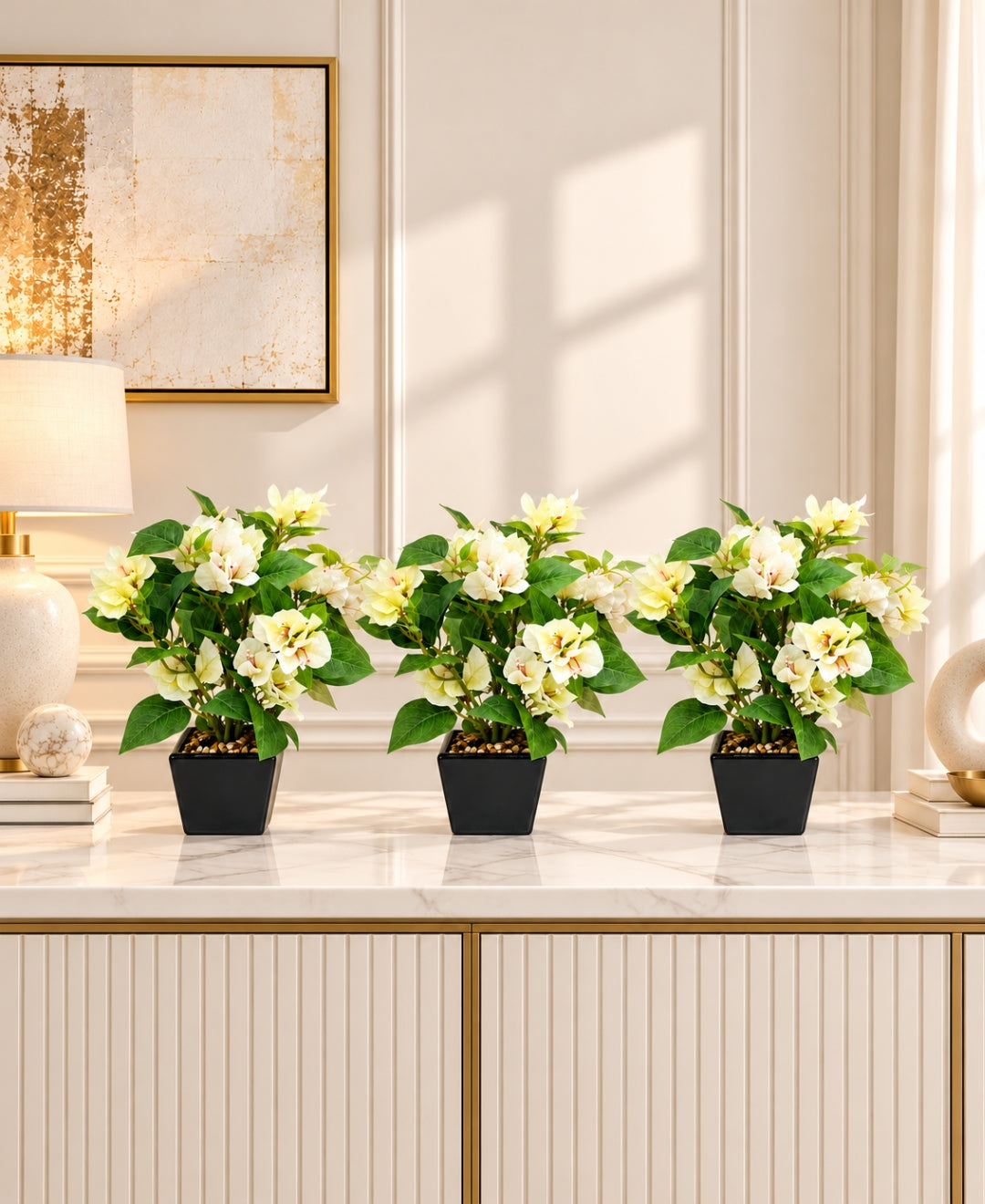 Artificial Bougainvillea Flower Pot - White in Glossy Black Square Ceramic Pots