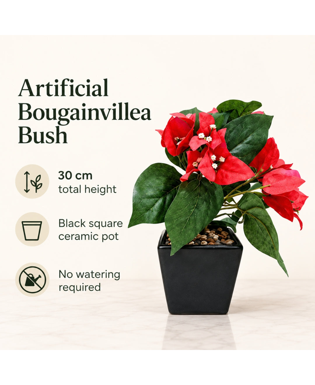Artificial Bougainvillea Bush Pot - Red in Black Square Ceramic Pots