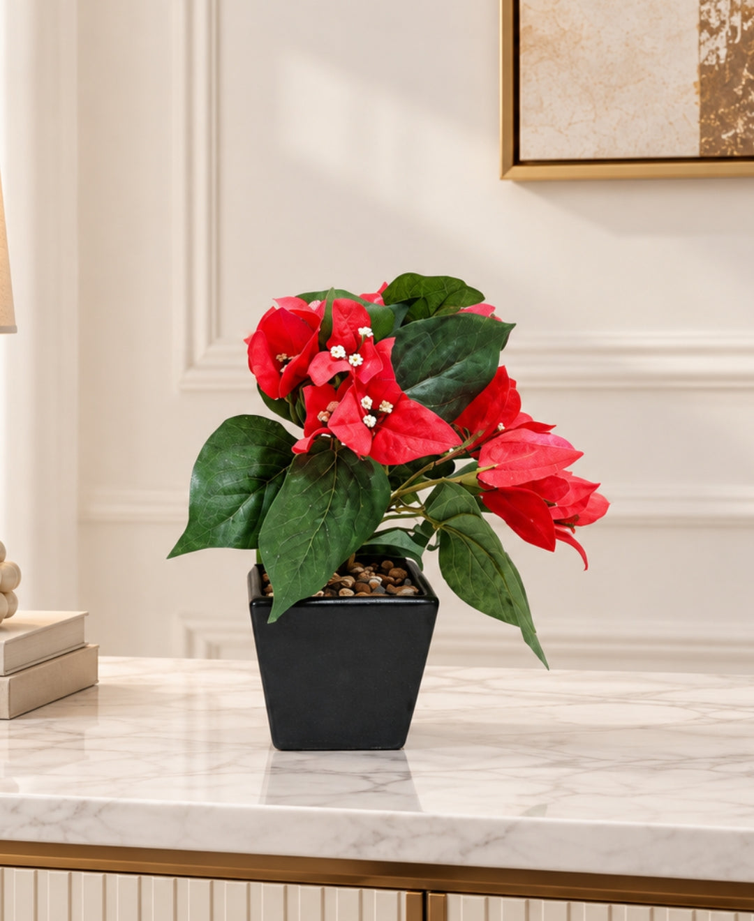 Artificial Bougainvillea Bush Pot - Red in Black Square Ceramic Pots