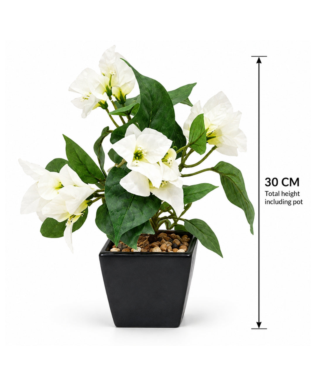 Artificial Bougainvillea Bush Pot - White in Black Square Ceramic Pots