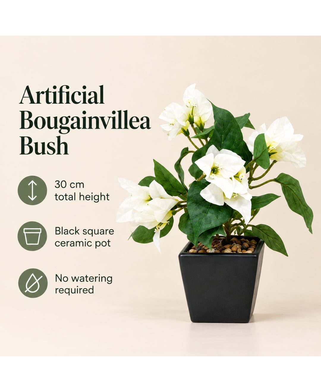 Artificial Bougainvillea Bush Pot - White in Black Square Ceramic Pots