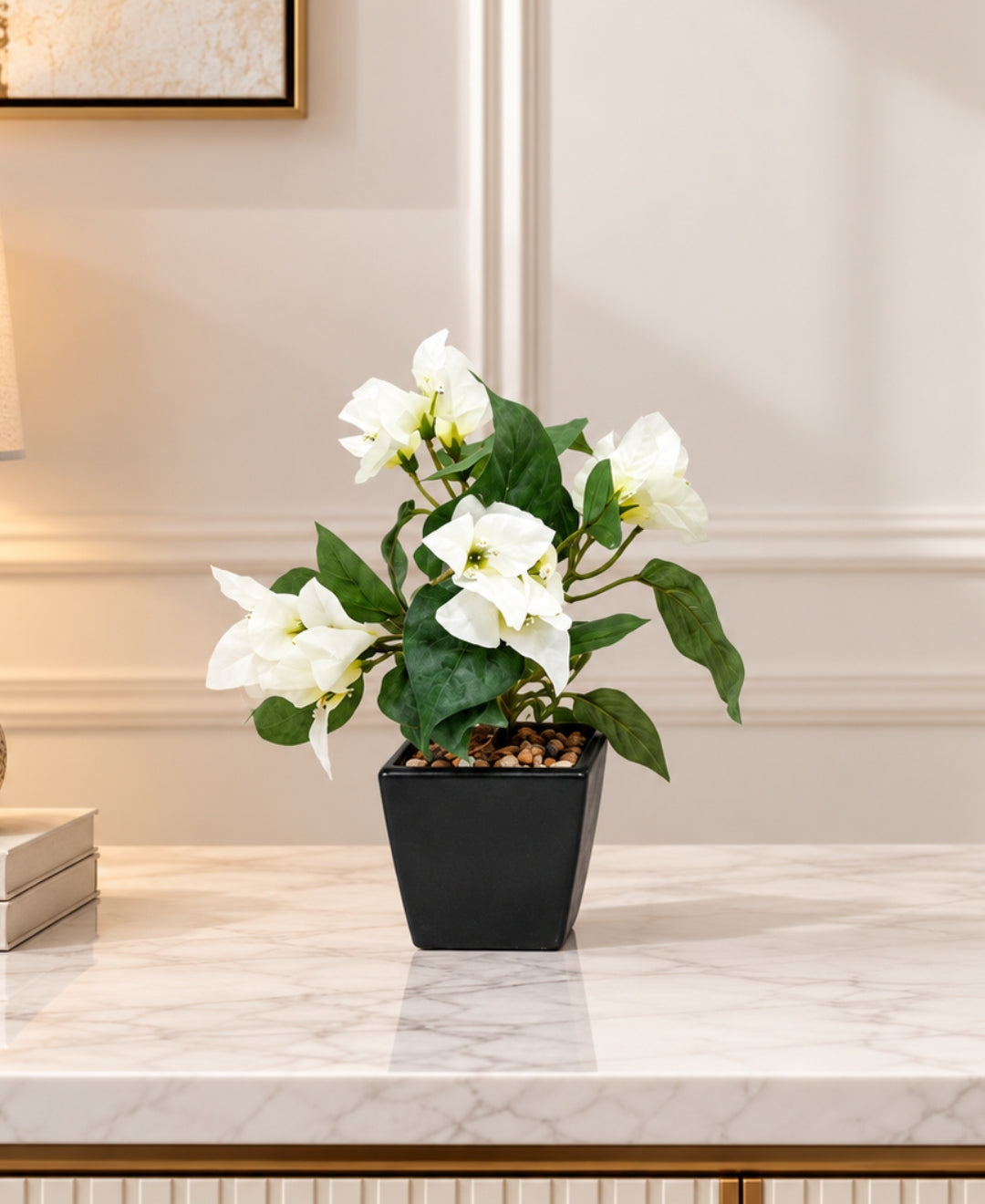 Artificial Bougainvillea Bush Pot - White in Black Square Ceramic Pots