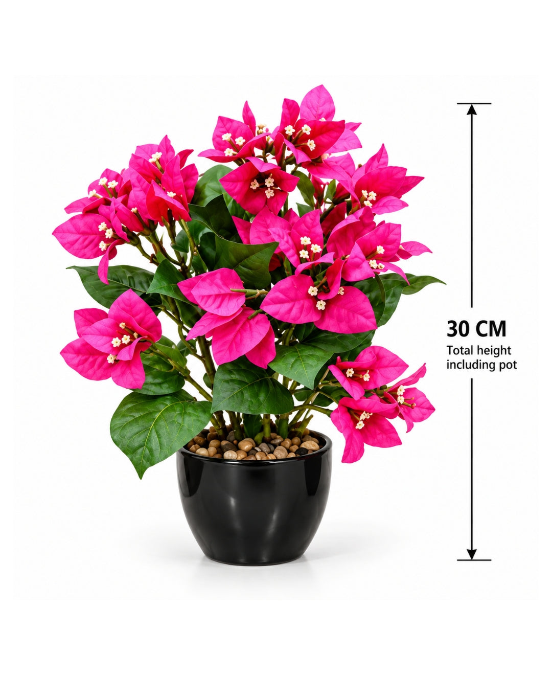Artificial Bougainvillea Blossom Pot - Dpink in Glossy Black Round Ceramic Pot