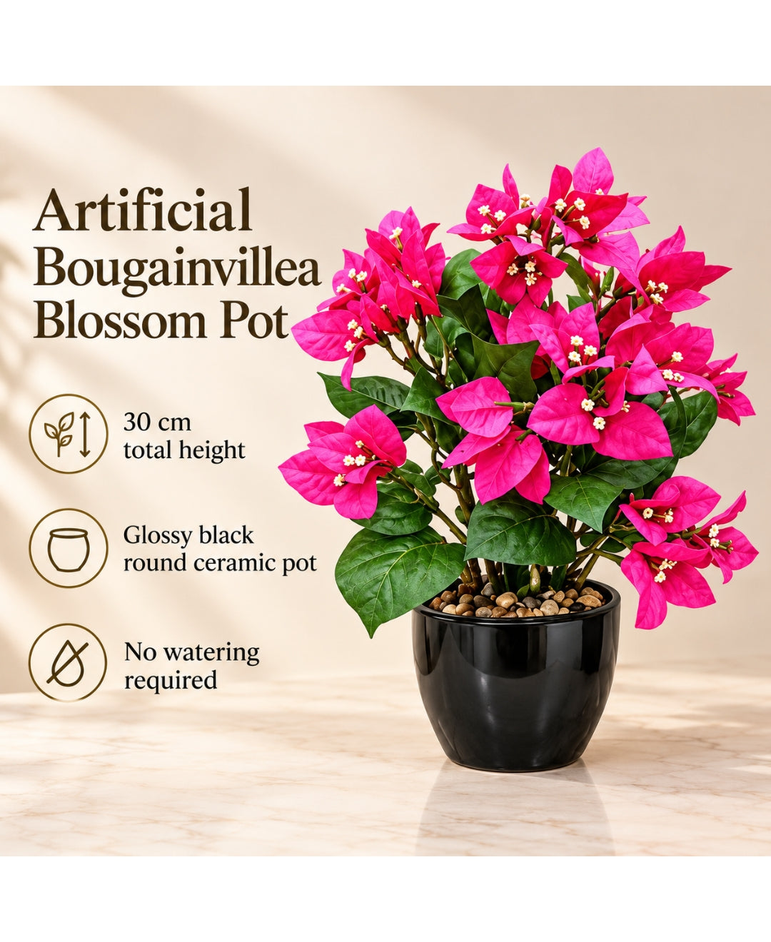 Artificial Bougainvillea Blossom Pot - Dpink in Glossy Black Round Ceramic Pot