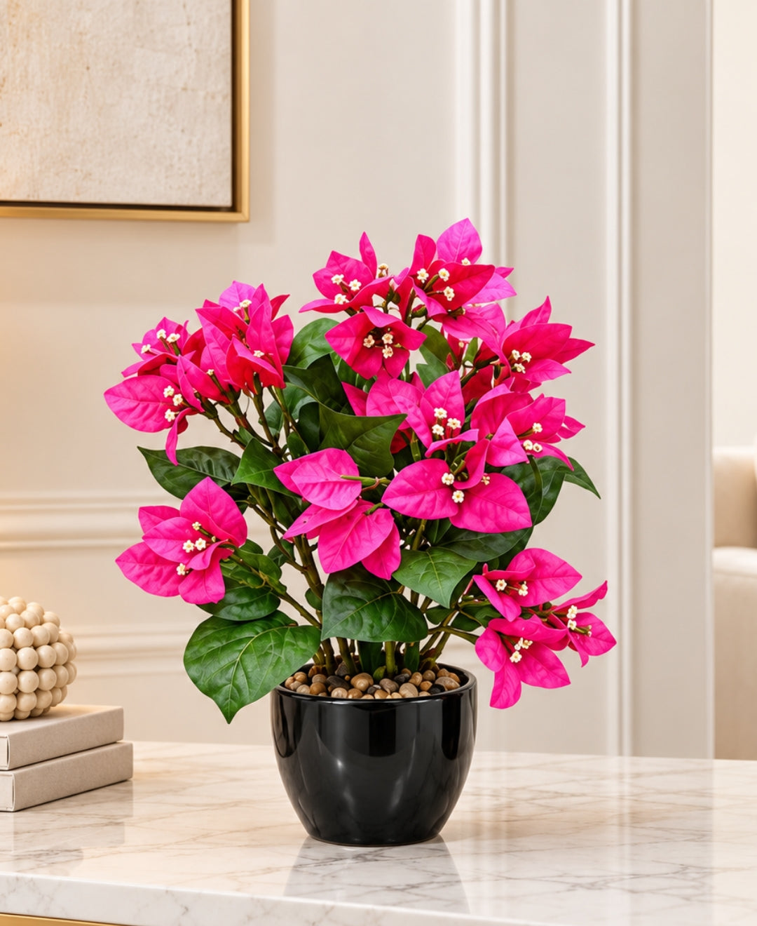 Artificial Bougainvillea Blossom Pot - Dpink in Glossy Black Round Ceramic Pot