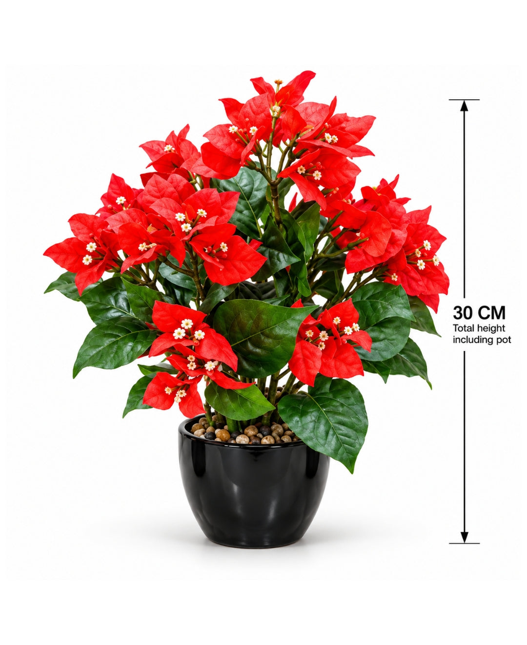 Artificial Bougainvillea Blossom Pot - Red in Glossy Black Round Ceramic Pot