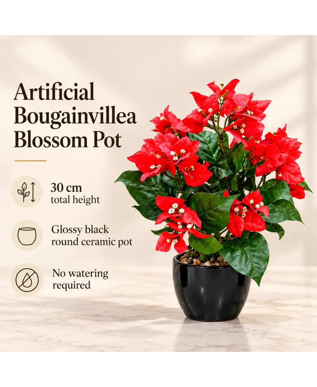 Artificial Bougainvillea Blossom Pot - Red in Glossy Black Round Ceramic Pot