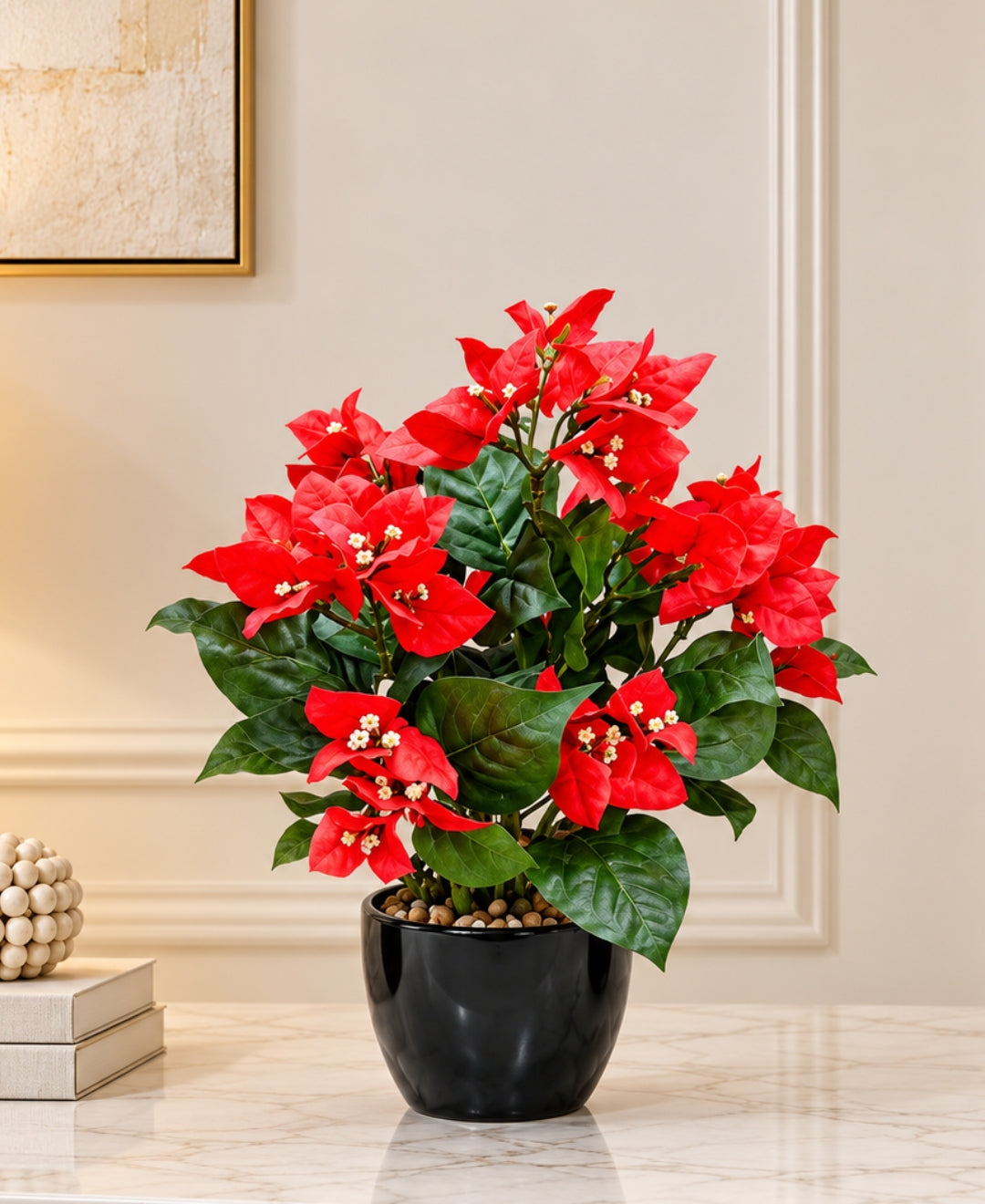 Artificial Bougainvillea Blossom Pot - Red in Glossy Black Round Ceramic Pot