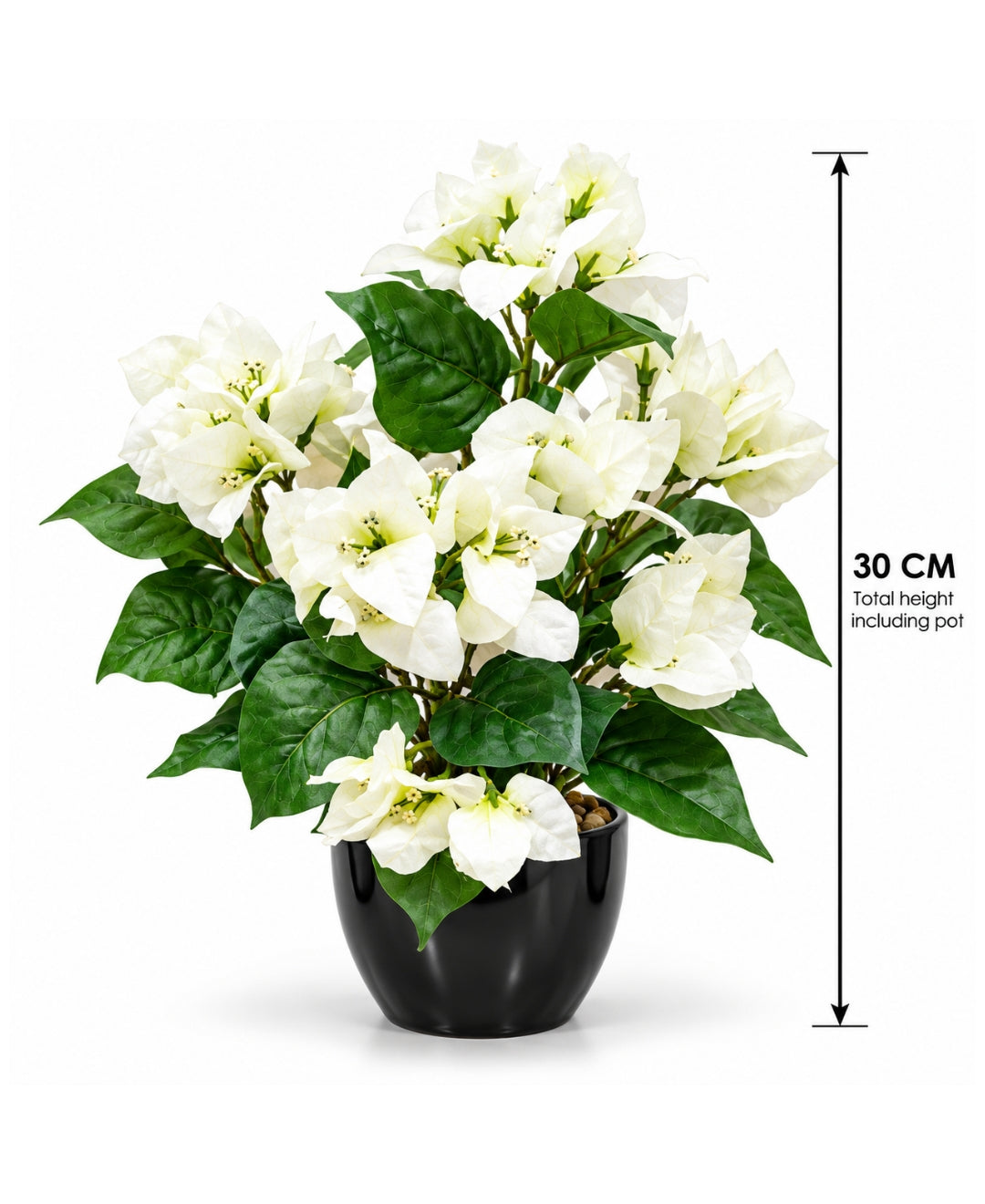 Artificial Bougainvillea Blossom Pot - White in Glossy Black Round Ceramic Pot