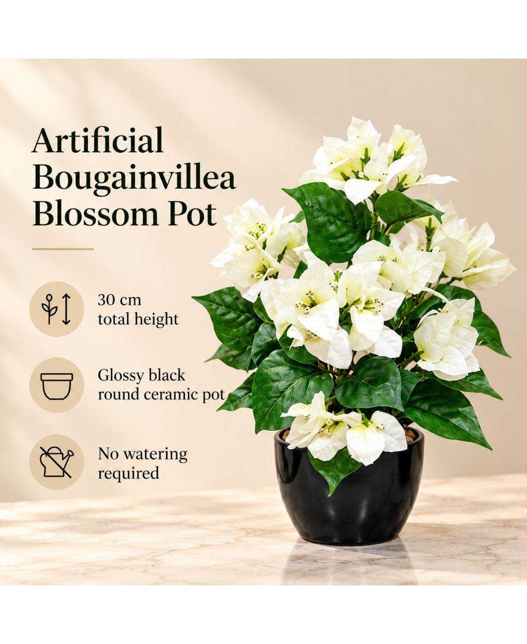 Artificial Bougainvillea Blossom Pot - White in Glossy Black Round Ceramic Pot