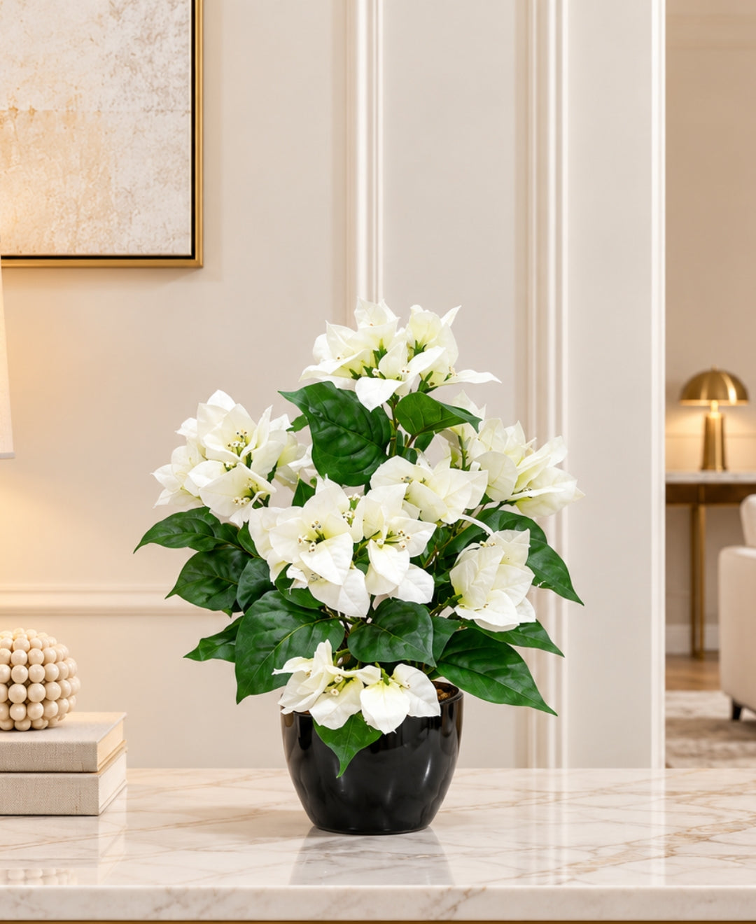 Artificial Bougainvillea Blossom Pot - White in Glossy Black Round Ceramic Pot