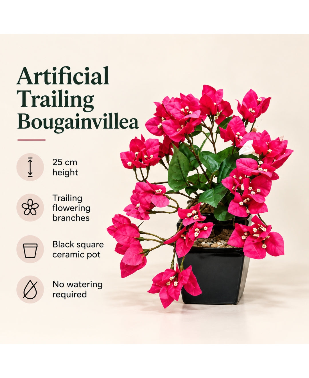 Artificial Trailing Bougainvillea Pot - DPink in Black Square Ceramic Pots