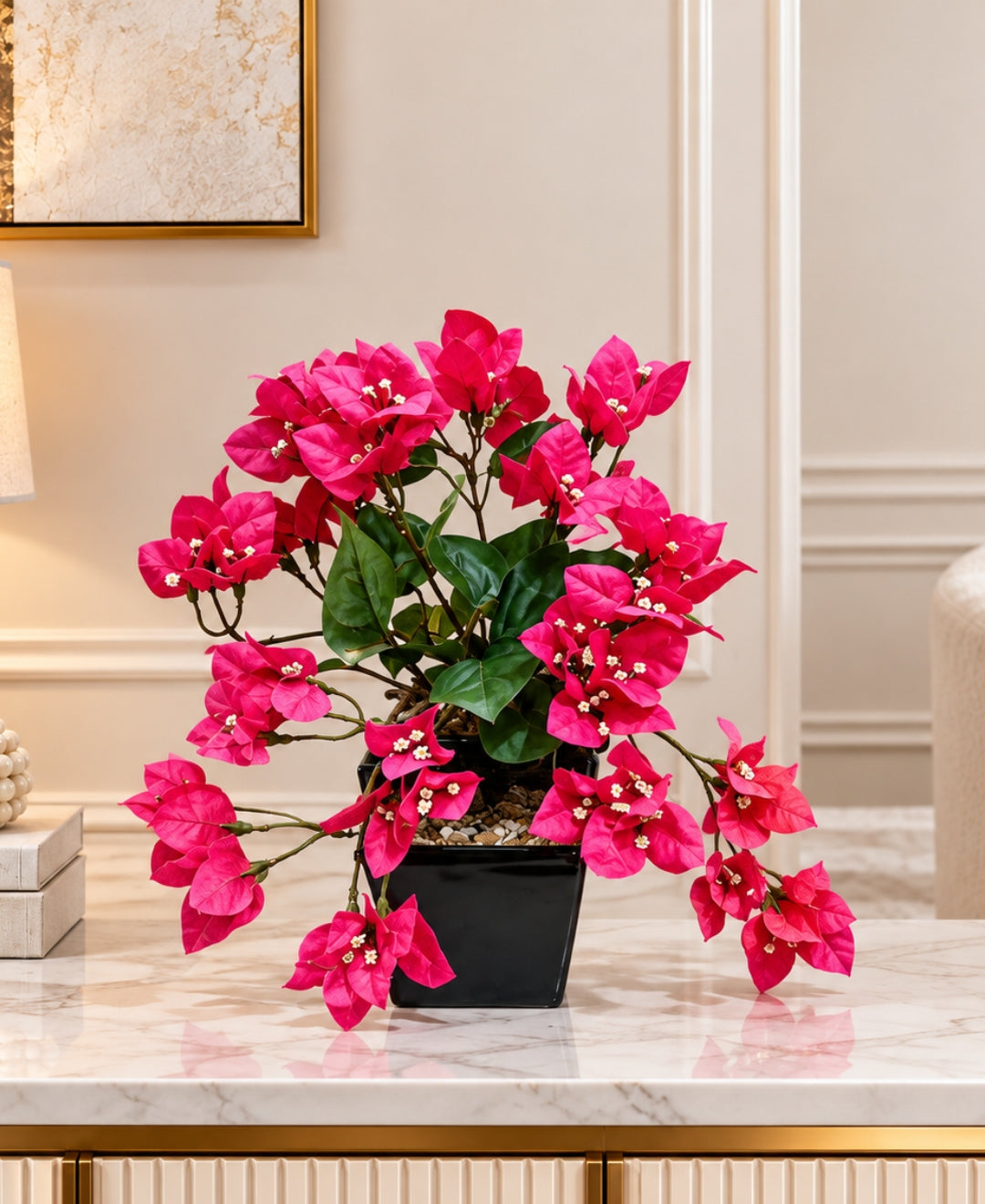 Artificial Trailing Bougainvillea Pot - DPink in Black Square Ceramic Pots