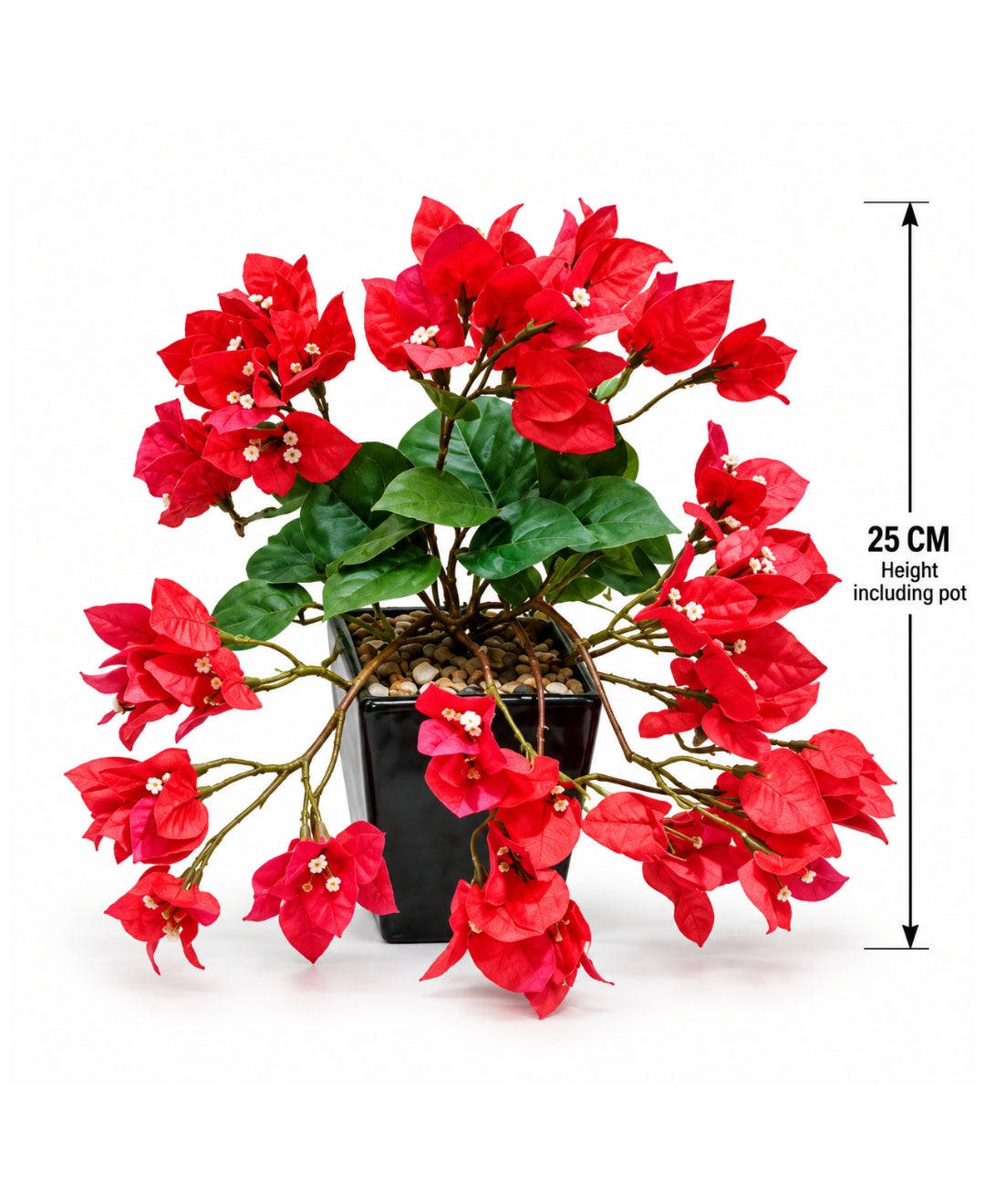 Artificial Trailing Bougainvillea Pot - Red in Black Square Ceramic Pots
