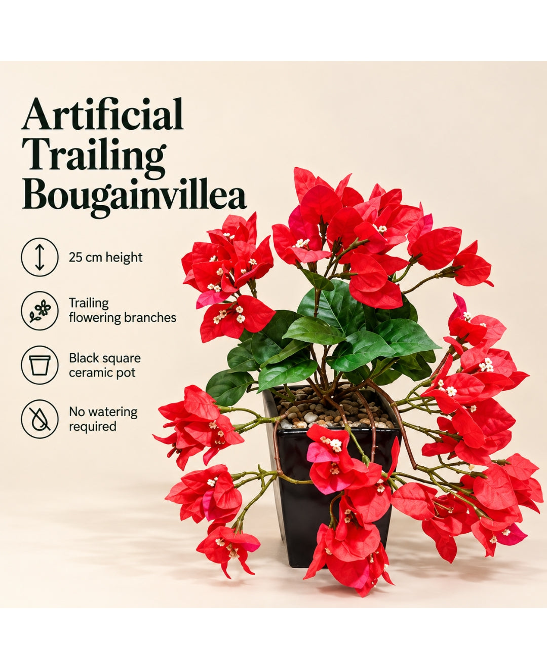 Artificial Trailing Bougainvillea Pot - Red in Black Square Ceramic Pots