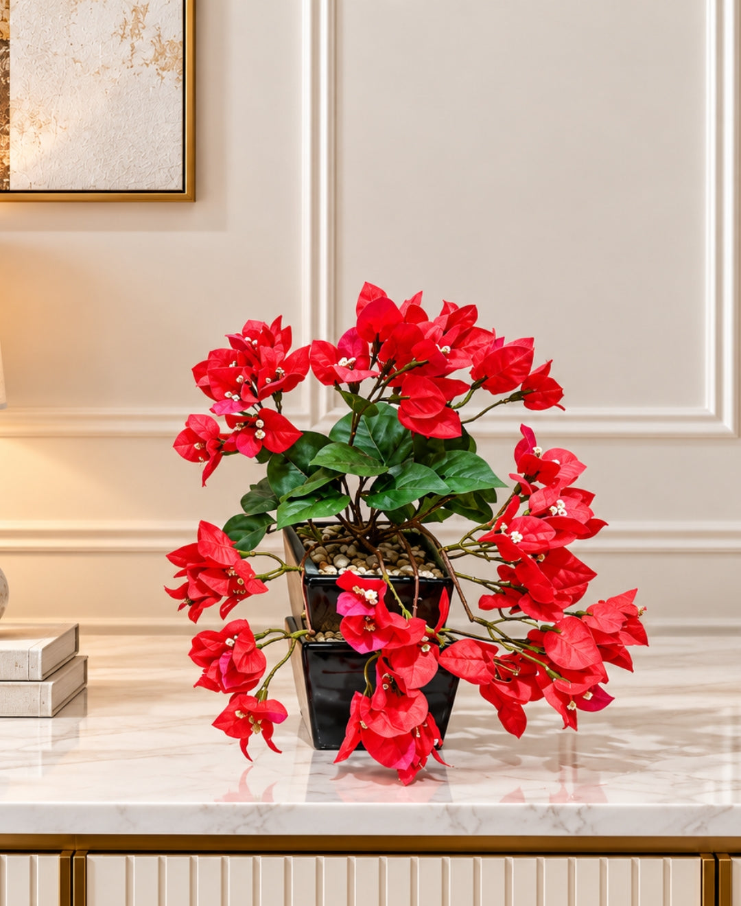 Artificial Trailing Bougainvillea Pot - Red in Black Square Ceramic Pots