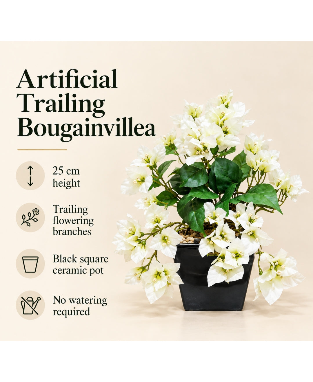Artificial Trailing Bougainvillea Pot - White in Black Square Ceramic Pots