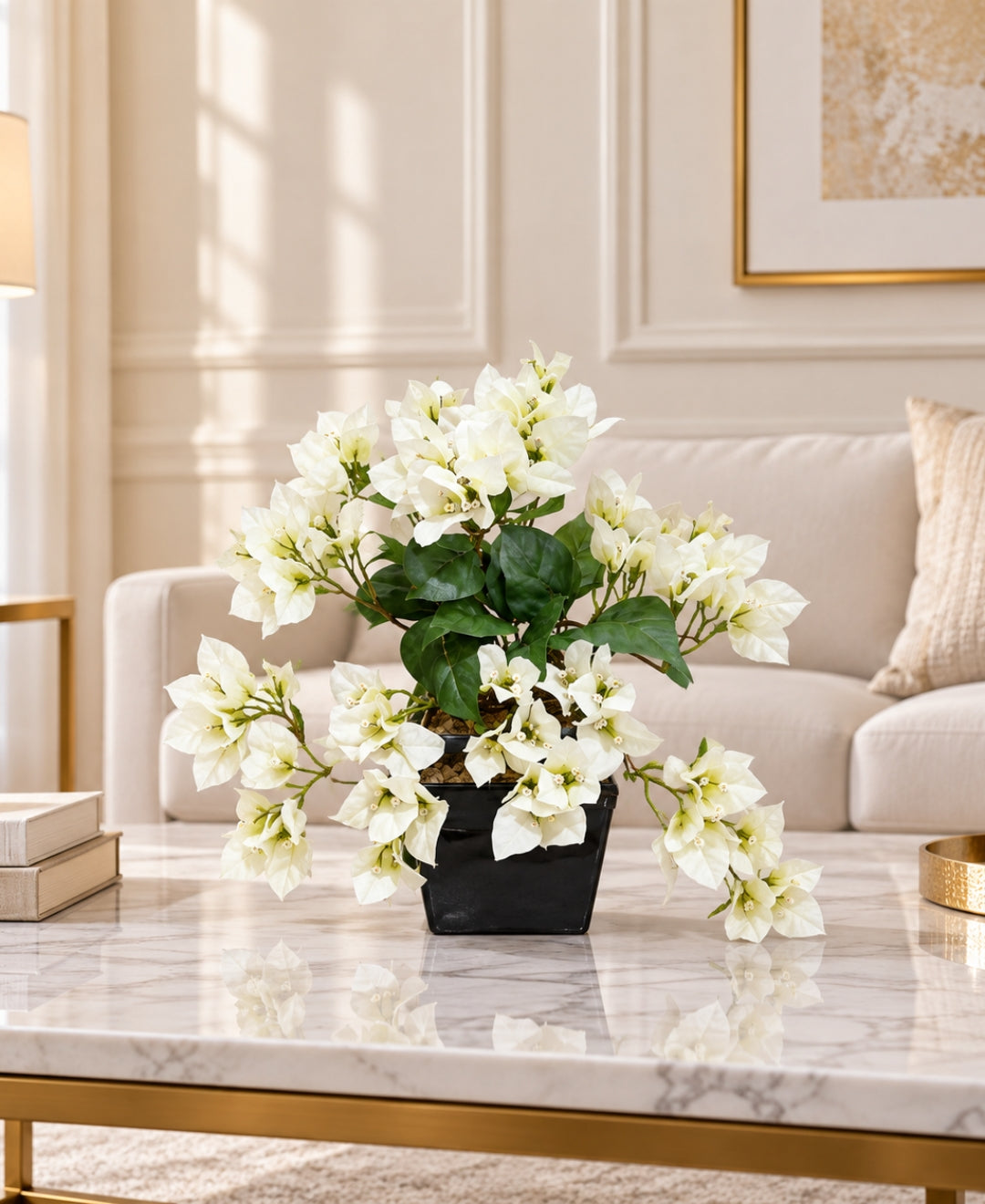 Artificial Trailing Bougainvillea Pot - White in Black Square Ceramic Pots