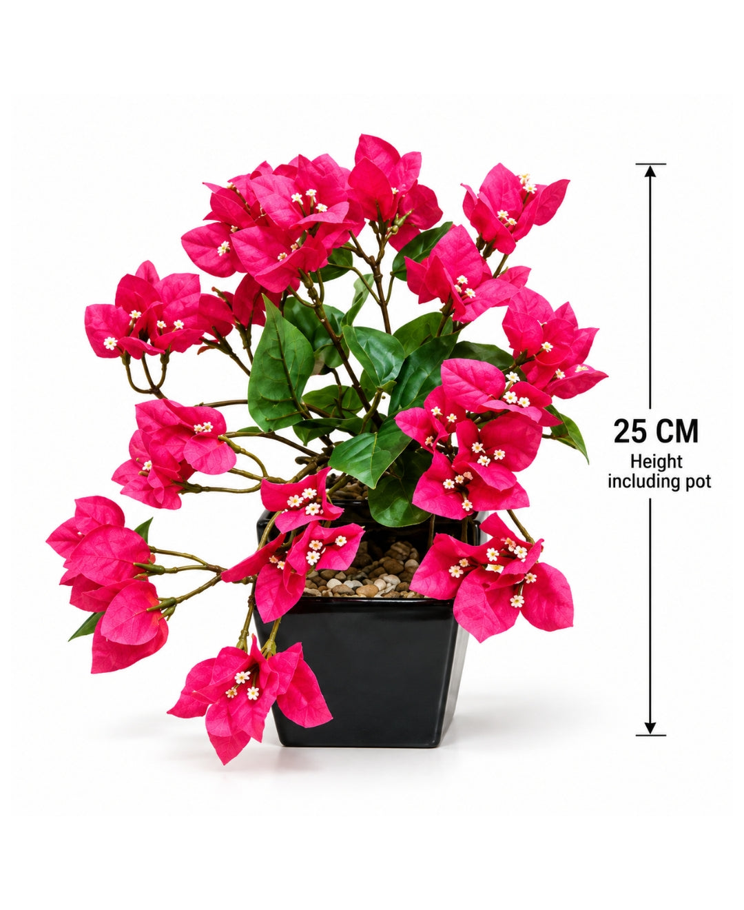 Artificial Trailing Bougainvillea Pot - DPink in Black Square Ceramic Pots