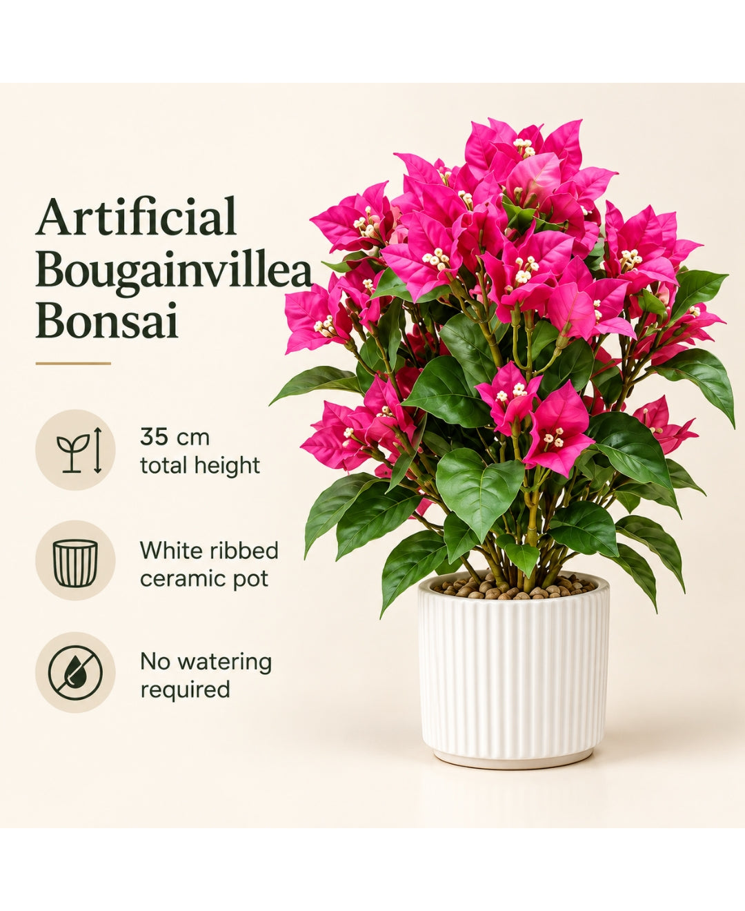Artificial Bougainvillea Bonsais DPink in Ribbed Ceramic Pots