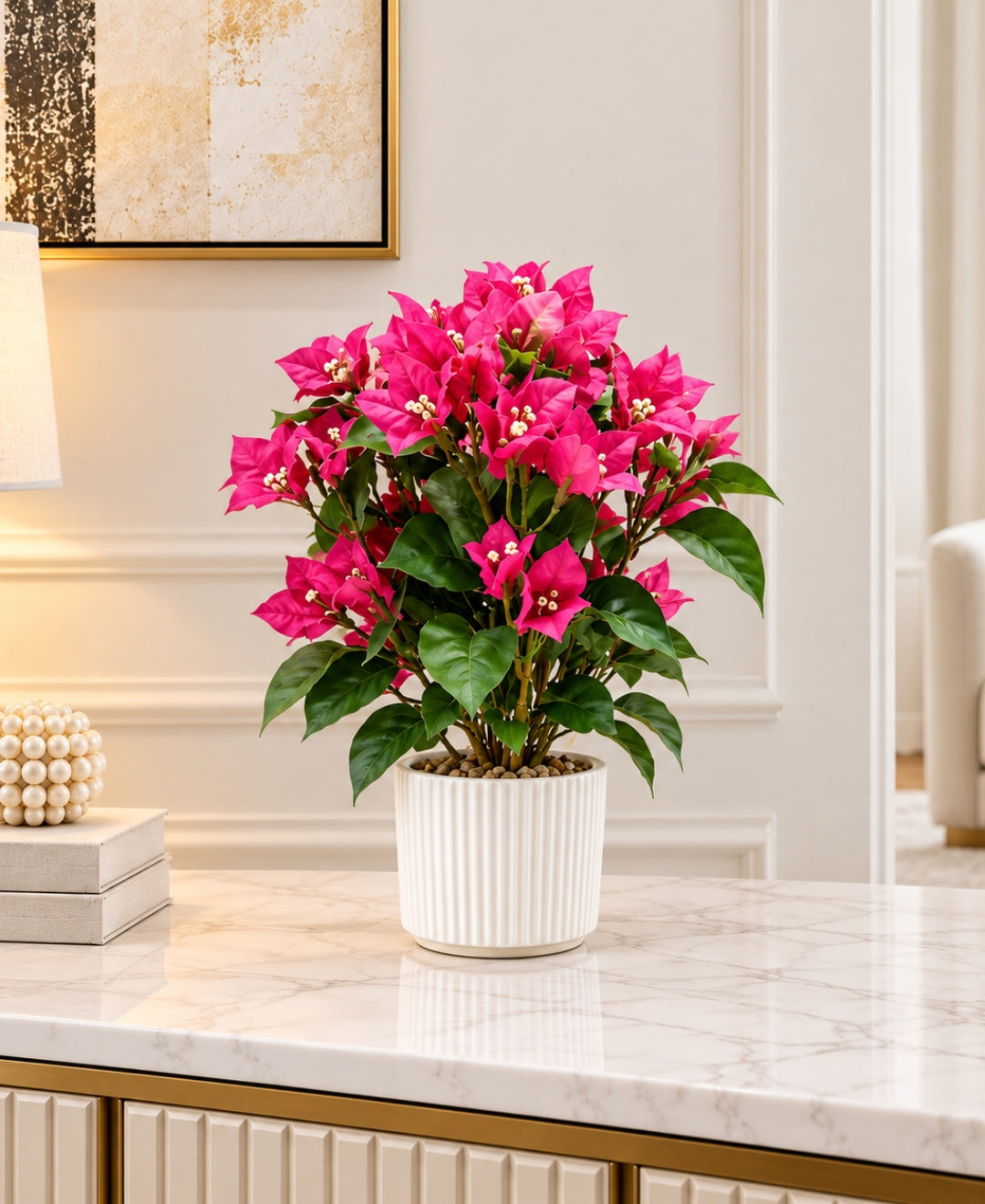 Artificial Bougainvillea Bonsais DPink in Ribbed Ceramic Pots