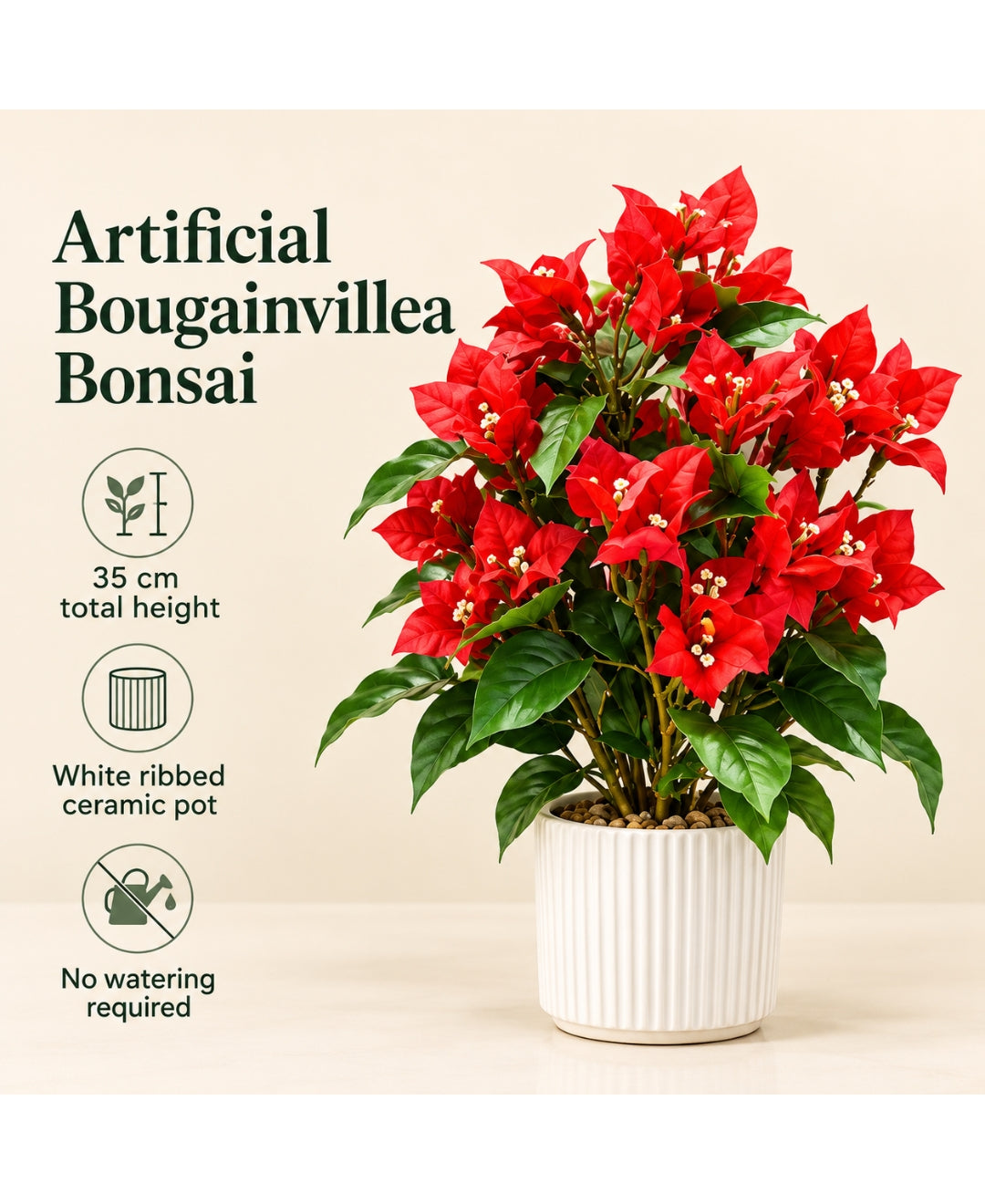 Artificial Bougainvillea Bonsais Red in Ribbed Ceramic Pot