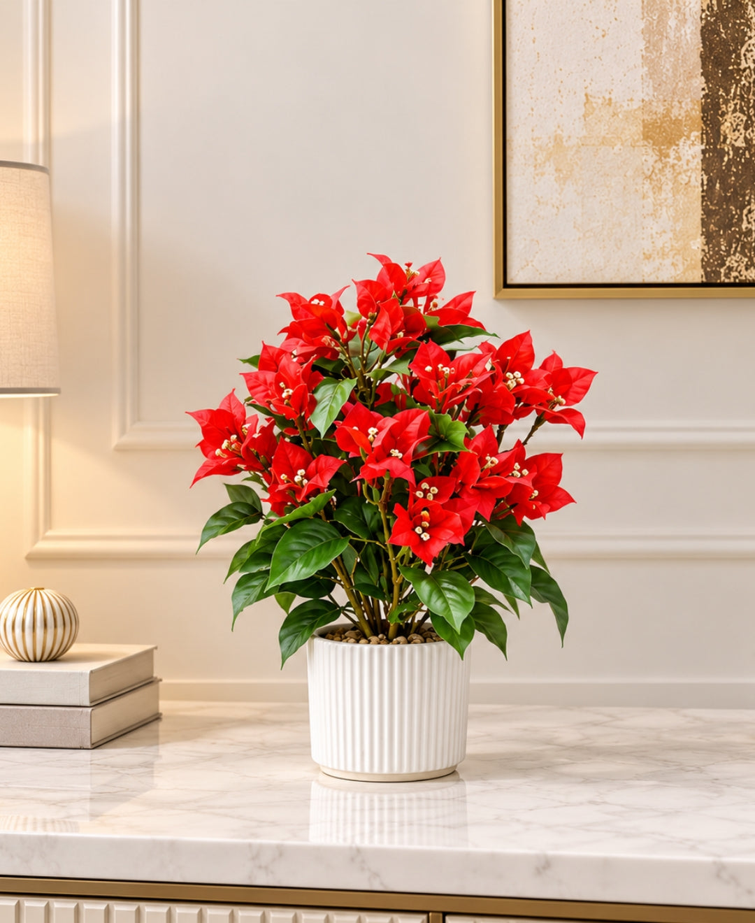 Artificial Bougainvillea Bonsais Red in Ribbed Ceramic Pot