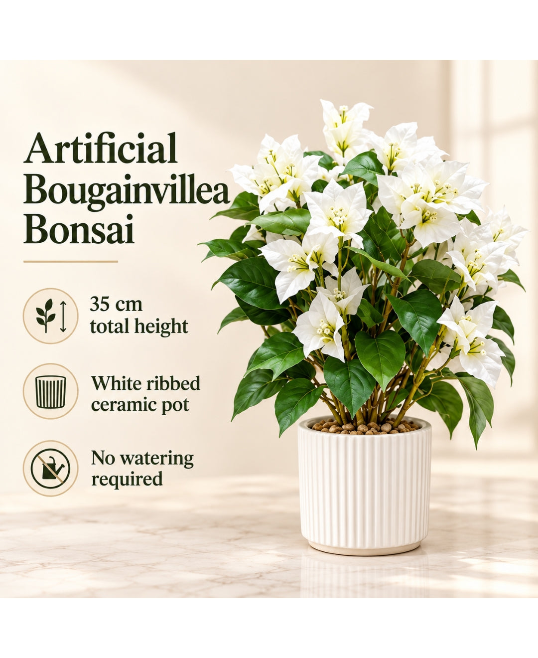 Artificial Bougainvillea Bonsais White in Ribbed Ceramic Pot