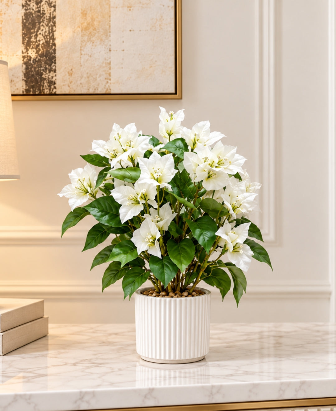 Artificial Bougainvillea Bonsais White in Ribbed Ceramic Pot