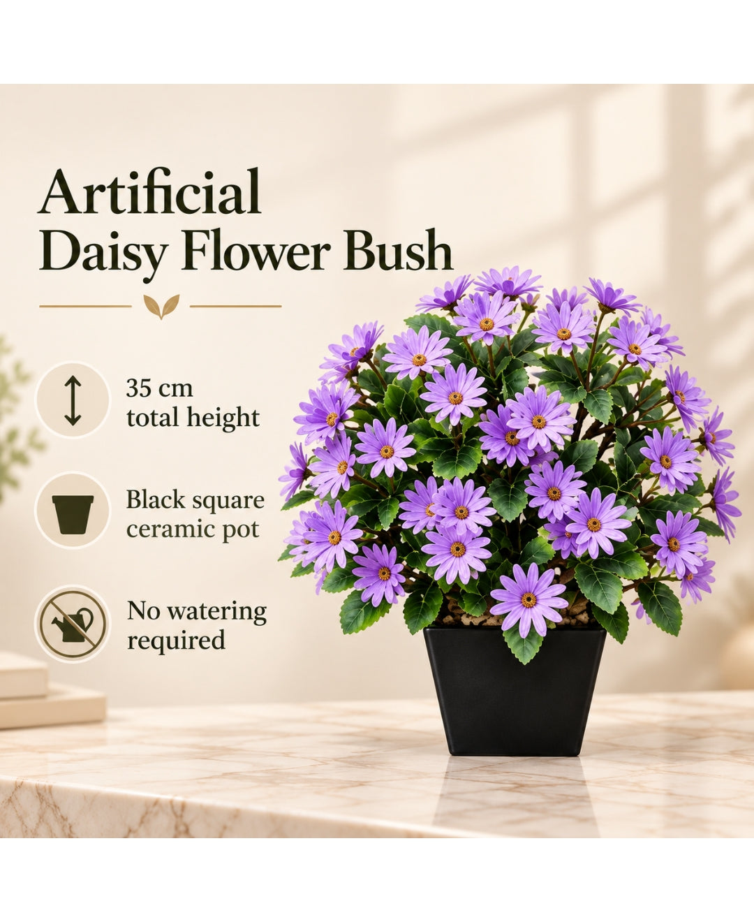 Artificial Daisy Flower Bush - Purple in Black Square Ceramic Pot