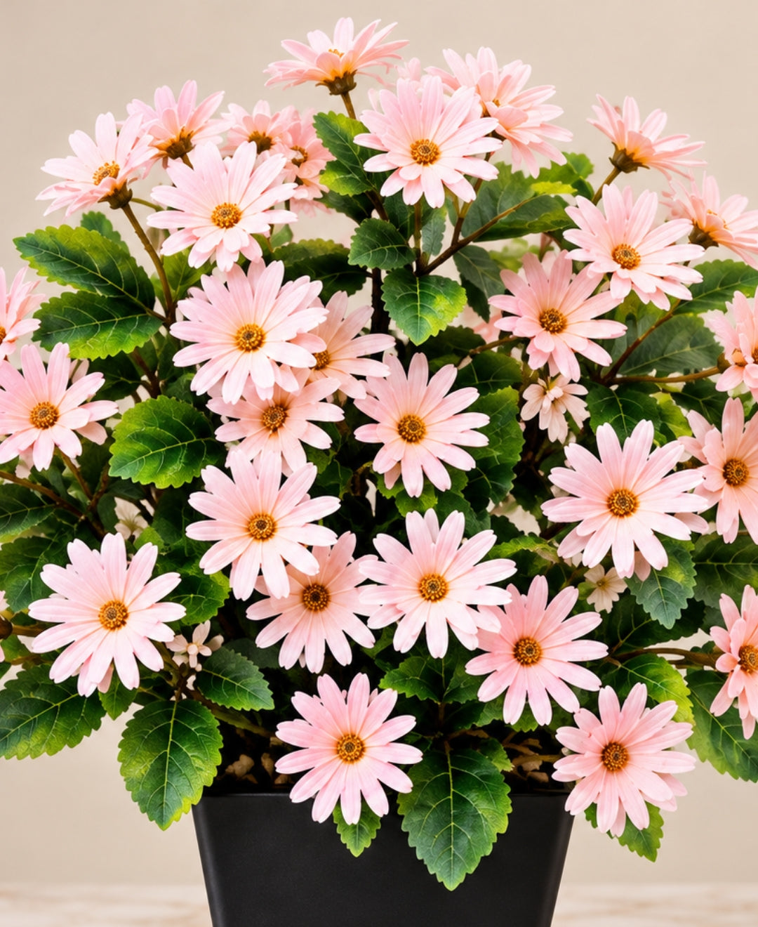 Artificial Daisy Flower Bush - Pink in Black Square Ceramic Pot