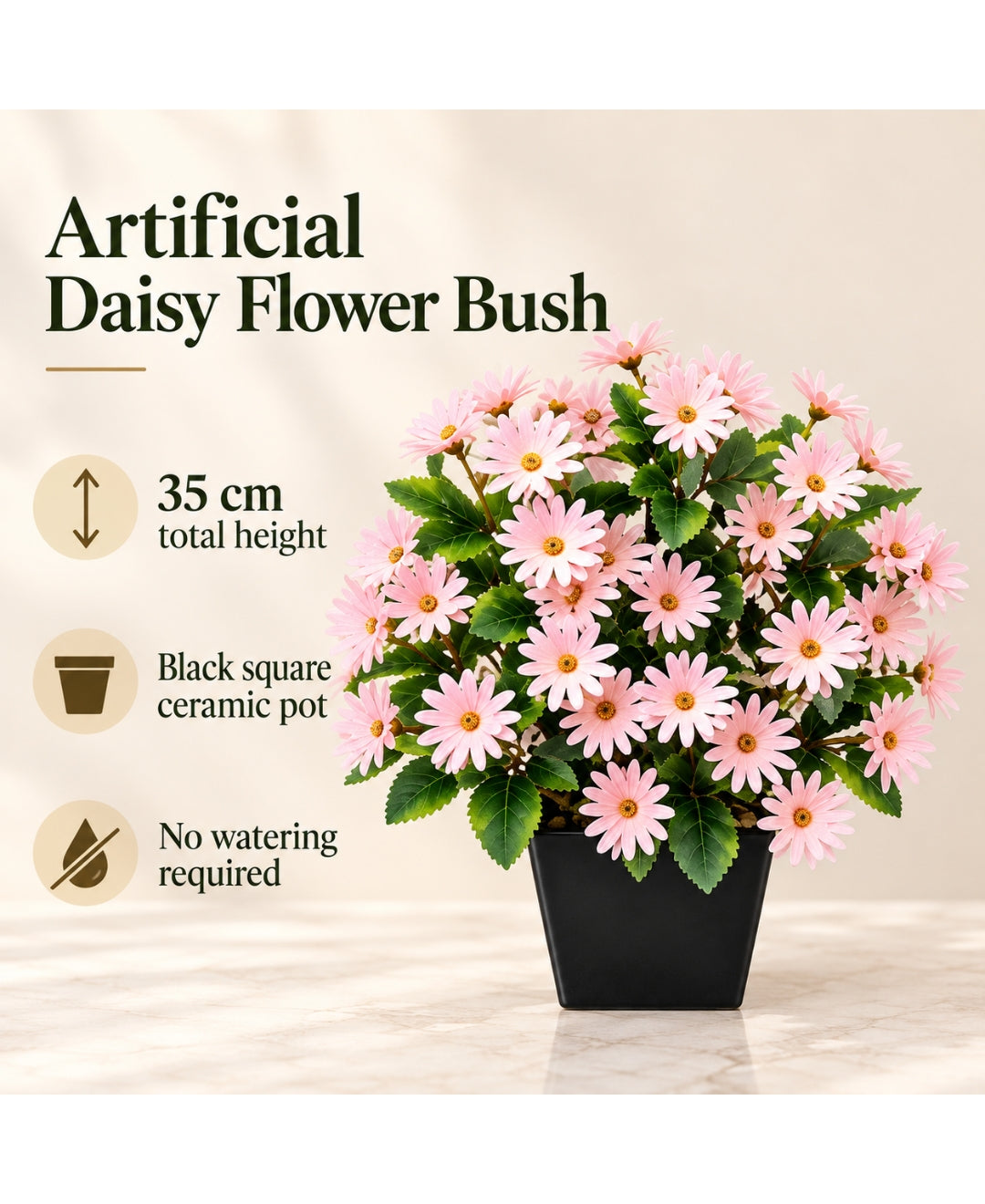 Artificial Daisy Flower Bush - Pink in Black Square Ceramic Pot