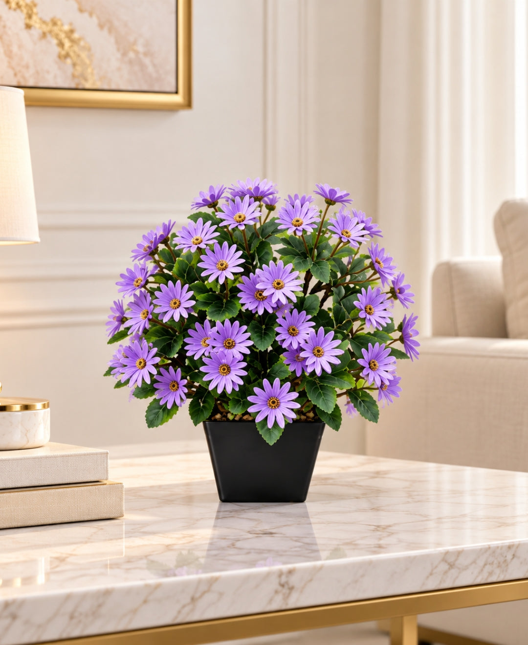 Artificial Daisy Flower Bush - Purple in Black Square Ceramic Pot