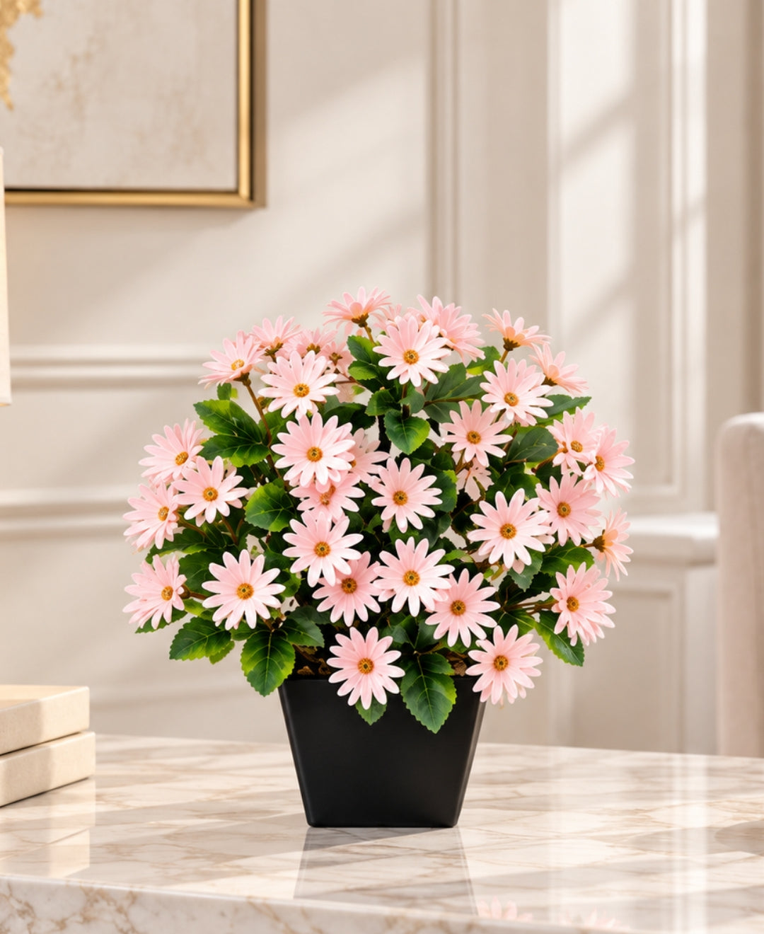 Artificial Daisy Flower Bush - Pink in Black Square Ceramic Pot