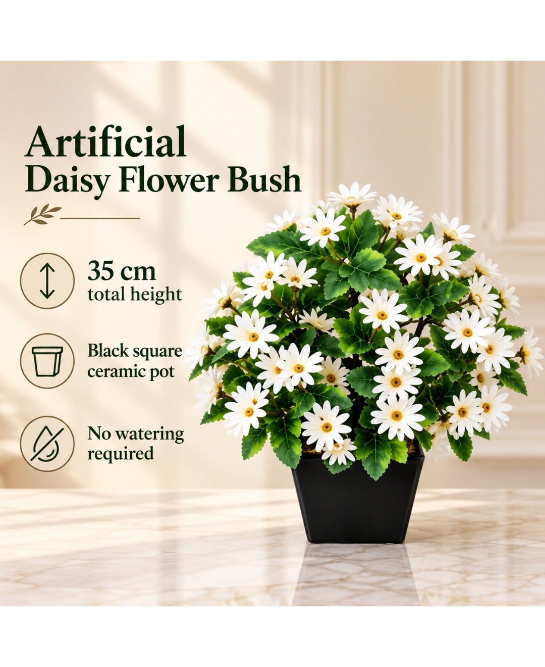 Artificial Daisy Flower Bush - White in Black Square Ceramic Pot