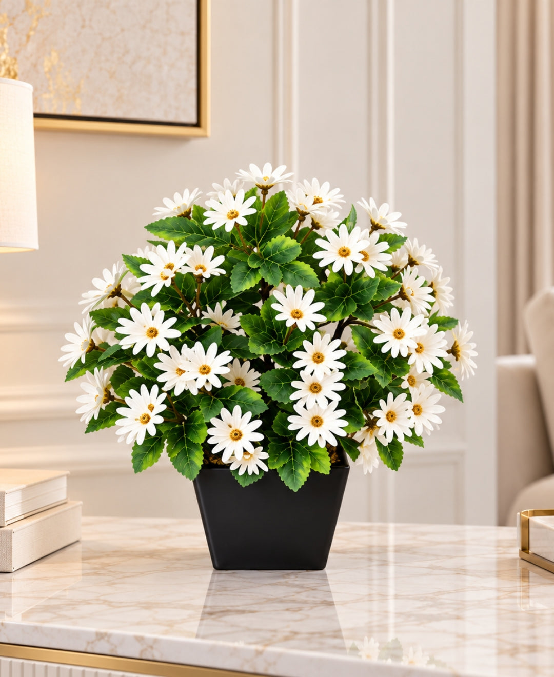 Artificial Daisy Flower Bush - White in Black Square Ceramic Pot