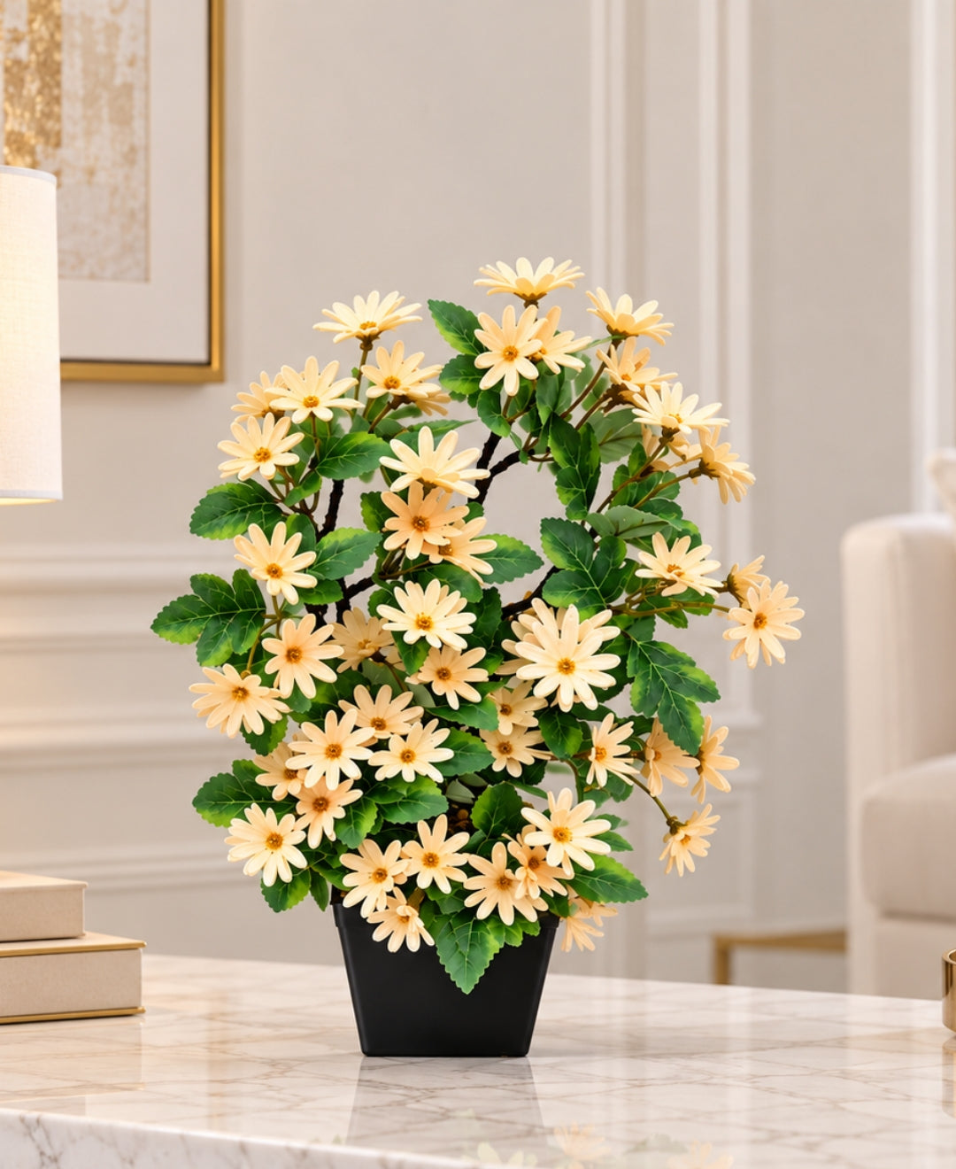 Artificial Daisy Flower Bush - Yellow in Black Square Ceramic Pot