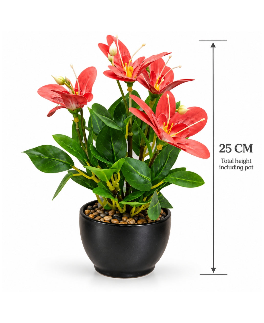 Artificial Lily Flower Pot -Red in Glossy Black Ceramic Pots