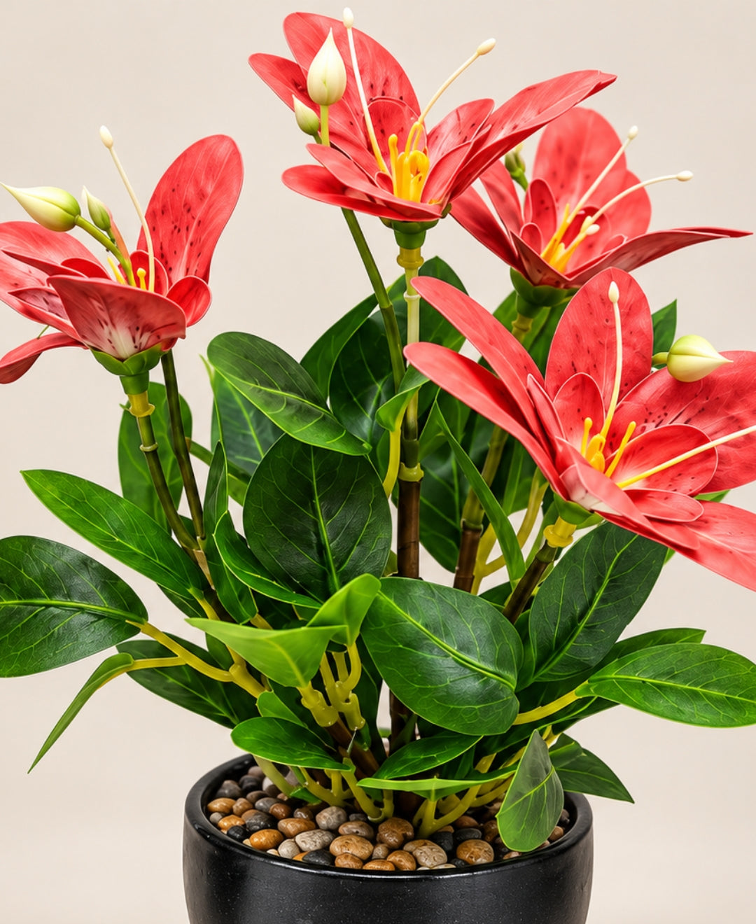Artificial Lily Flower Pot -Red in Glossy Black Ceramic Pots