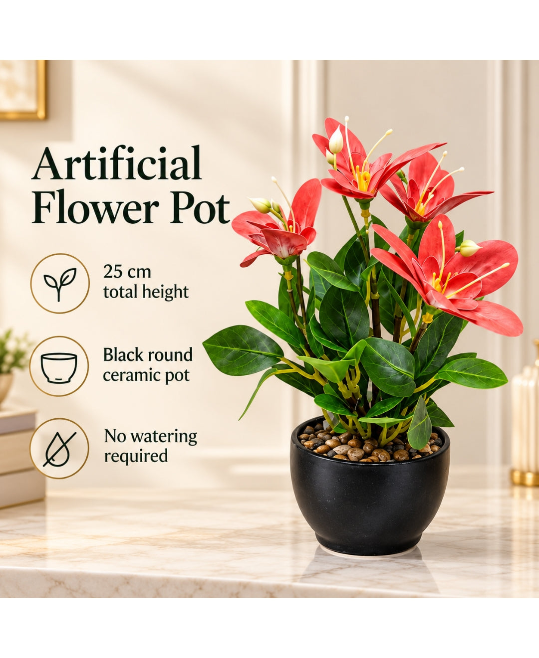 Artificial Lily Flower Pot -Red in Glossy Black Ceramic Pots