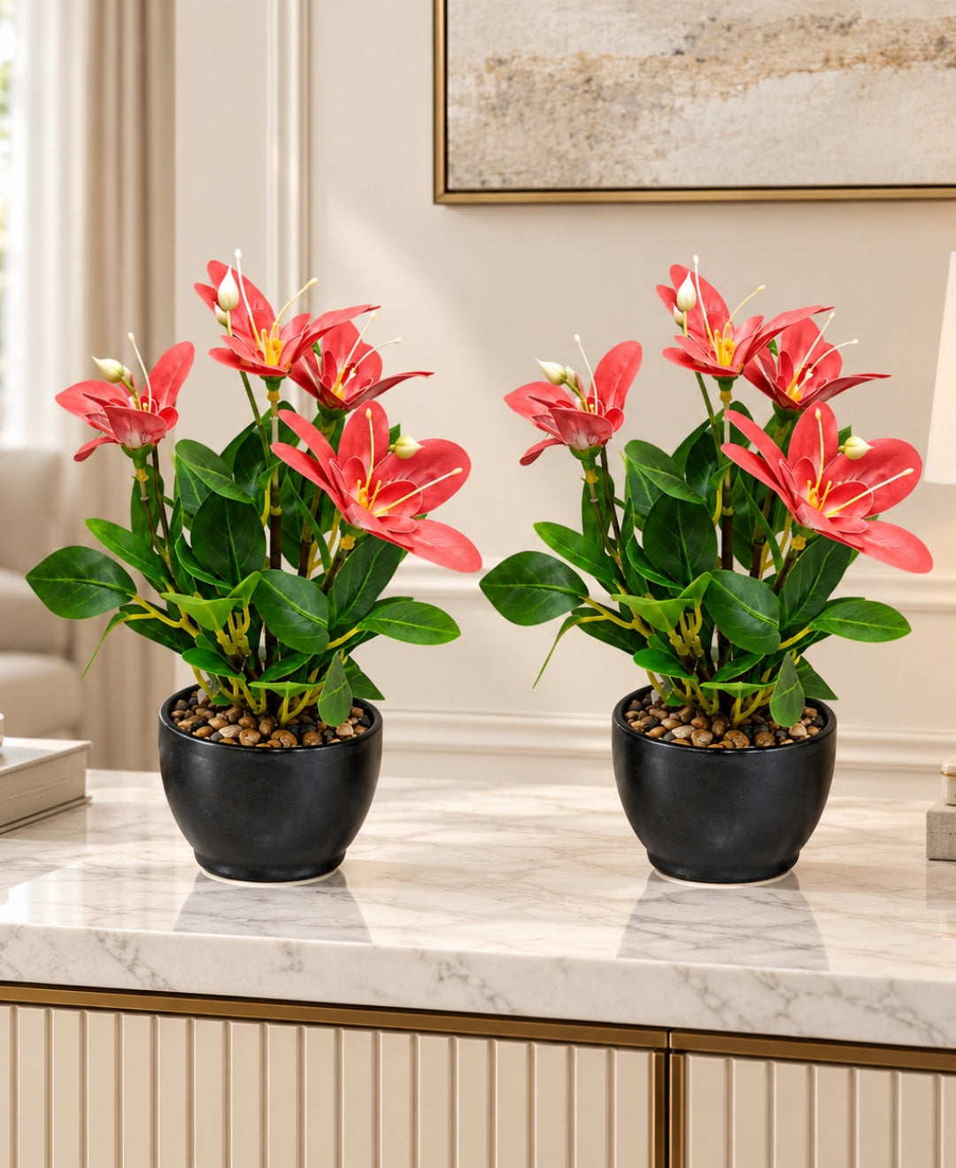 Artificial Lily Flower Pot -Red in Glossy Black Ceramic Pots