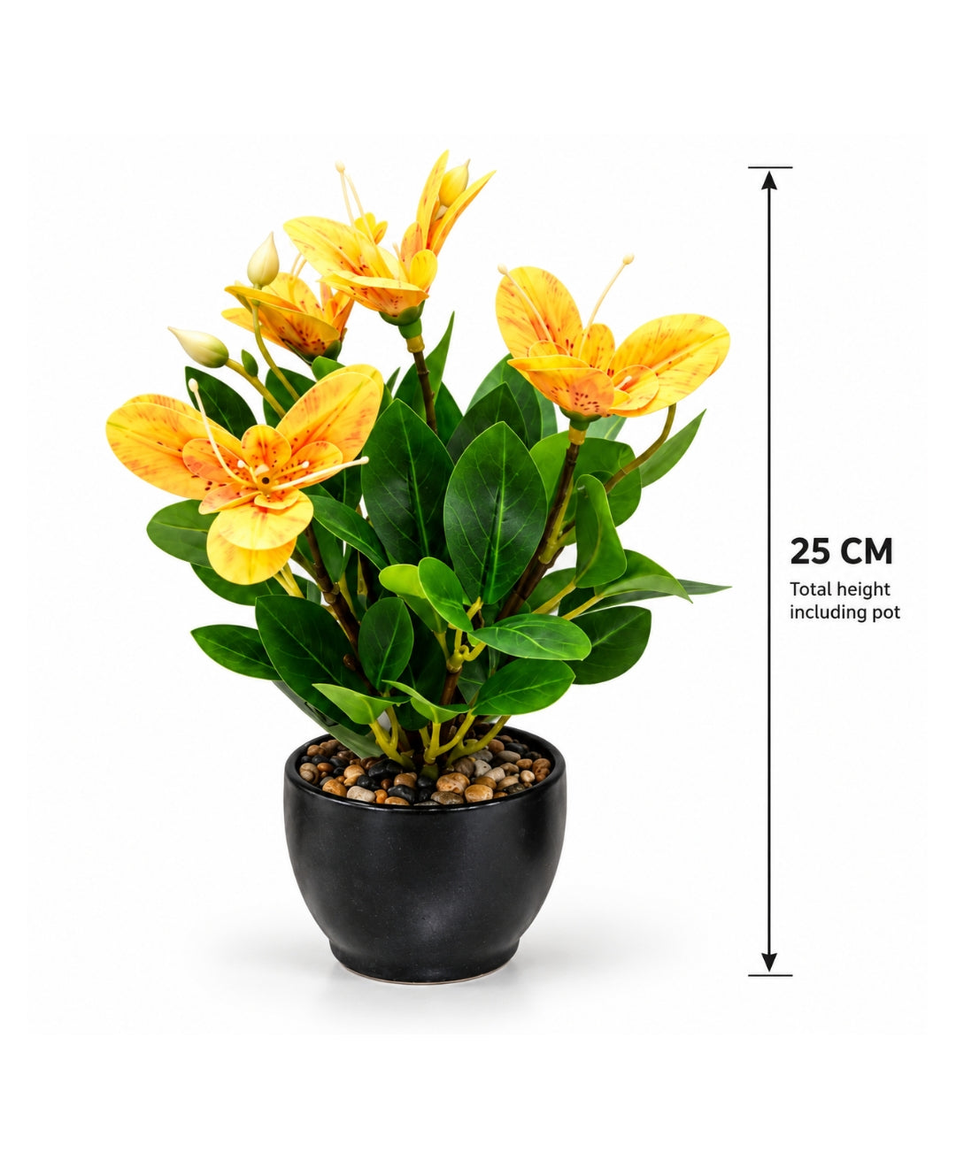 Artificial Lily Flower Pot -Yellow in Glossy Black Ceramic Pots