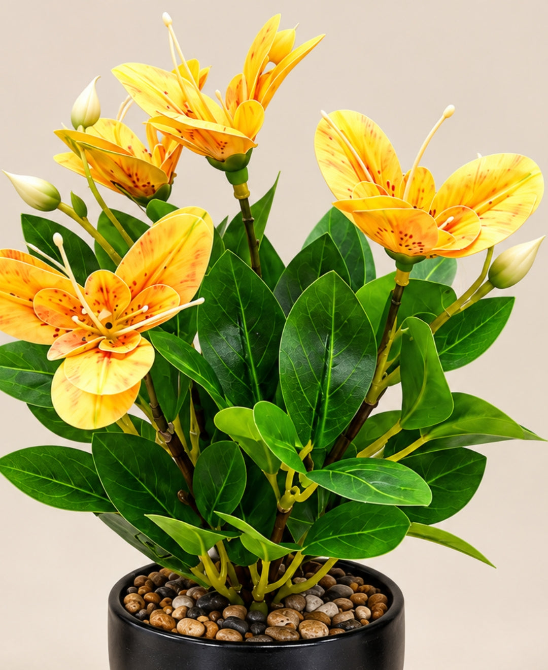 Artificial Lily Flower Pot -Yellow in Glossy Black Ceramic Pots