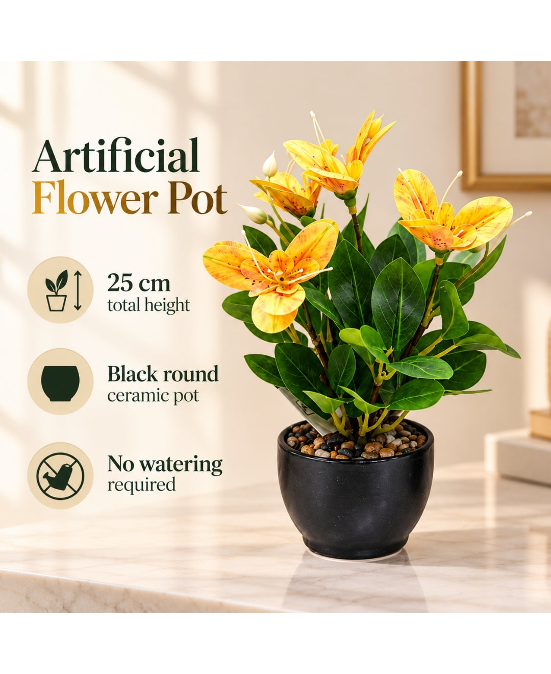 Artificial Lily Flower Pot -Yellow in Glossy Black Ceramic Pots