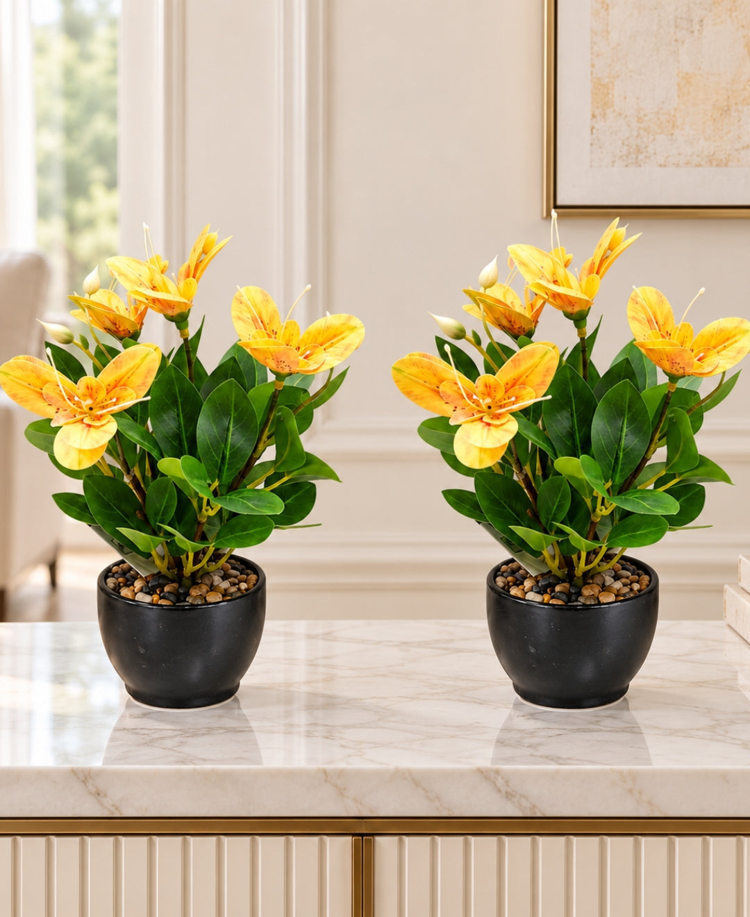 Artificial Lily Flower Pot -Yellow in Glossy Black Ceramic Pots